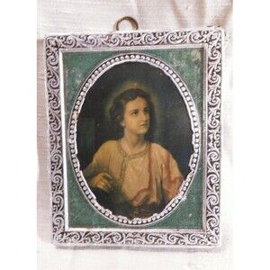 Young JESUS  Portrait Antique Ornate Silver Over wood  Wall Hanger 4.5 x 3.5"